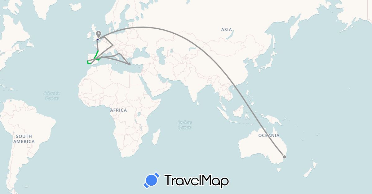 TravelMap itinerary: driving, bus, plane in Australia, Germany, Spain, France, United Kingdom, Greece, Croatia, Italy, Netherlands, Portugal (Europe, Oceania)